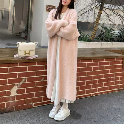 Damen Maxi Cardigan Flauschig V-Ausschnitt Oversized Beige