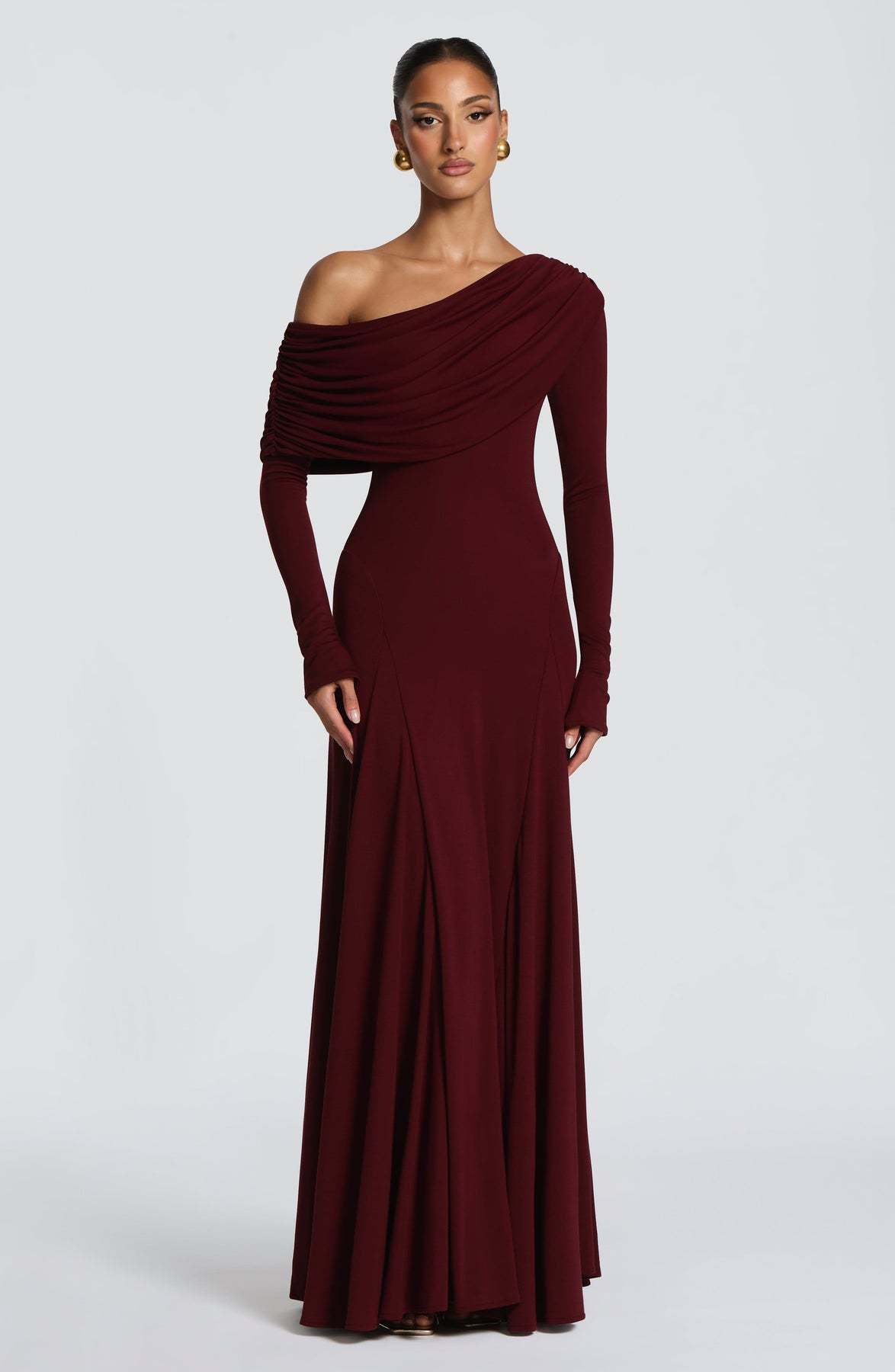 Damen Langarm-Maxikleid Asymmetrisch Drapierung Elegante Abendkleid