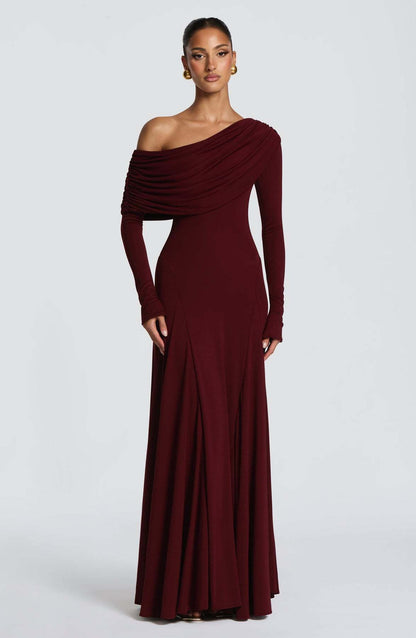 Damen Langarm-Maxikleid Asymmetrisch Drapierung Elegante Abendkleid