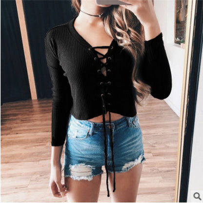 Damen Pullover Cropped Schnürung Eveloria