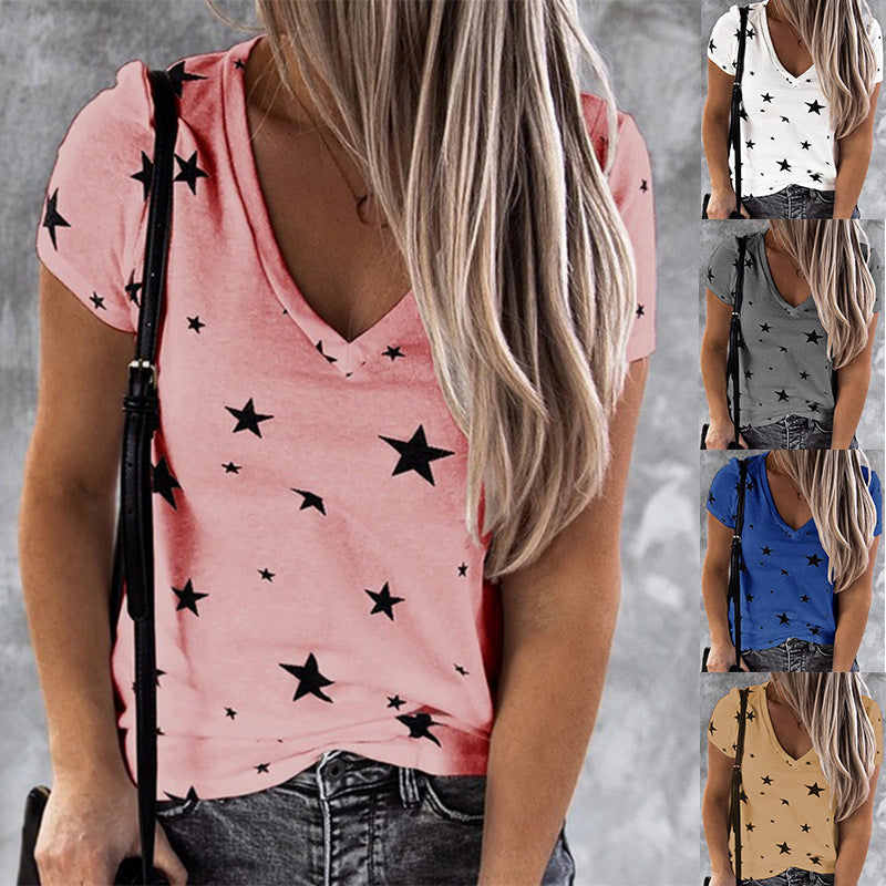 Damen T-Shirt V-Ausschnitt Sternenmotiv Lässig Weiß - Eveloria