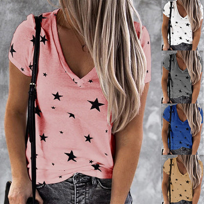 Damen T-Shirt V-Ausschnitt Sternenmotiv Lässig Weiß - Eveloria