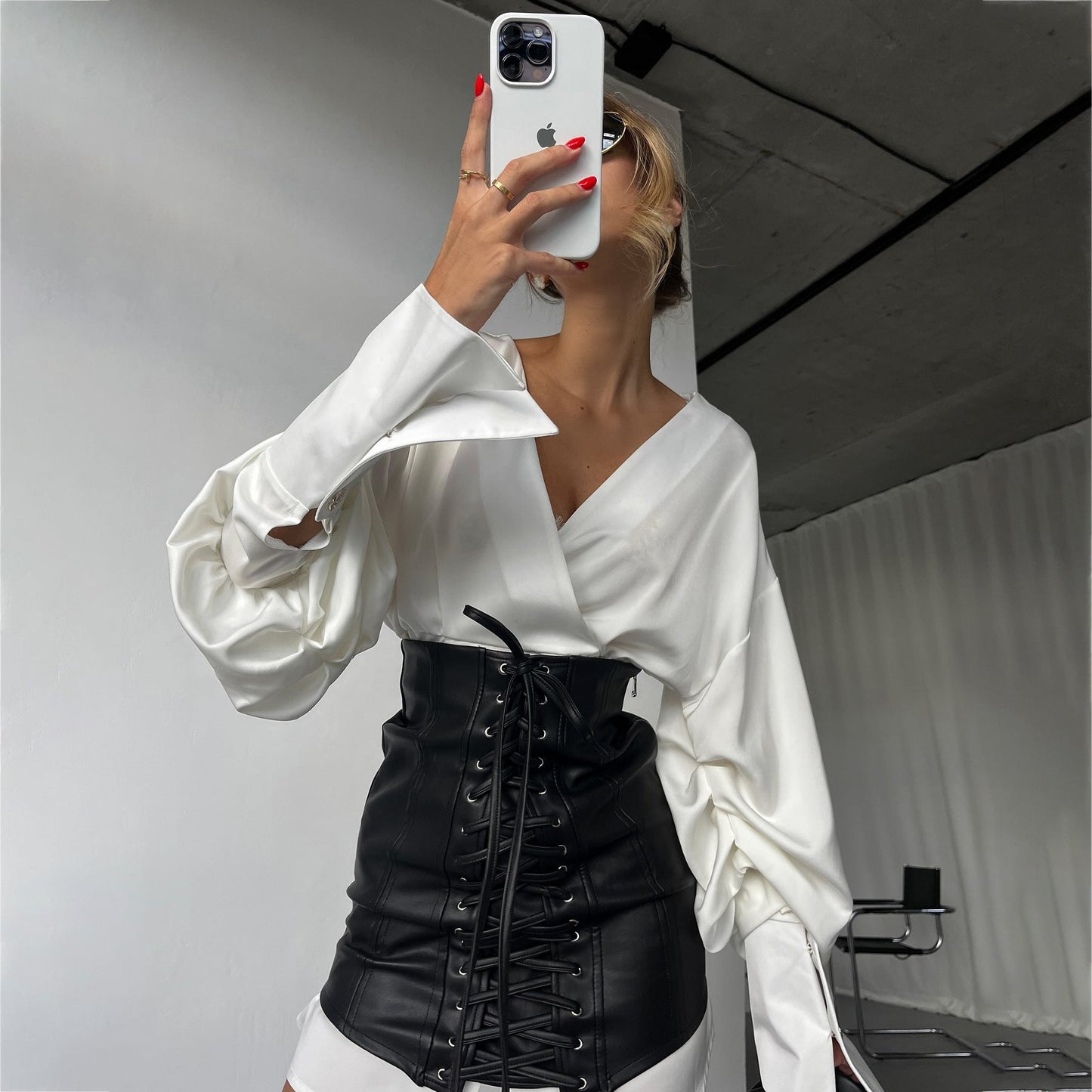 Damen Bluse Mit Schnürung Ballonärmel Elegantes Oberteil