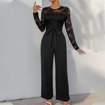 Damen Jumpsuit Spitzenoberteil Taillengürtel Eveloria