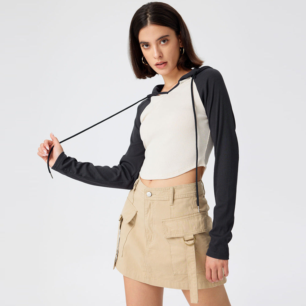 Damen Cropped Sportoberteil Kapuze Längsärmelig Eveloria