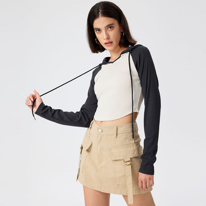 Damen Cropped Sportoberteil Kapuze Längsärmelig Eveloria