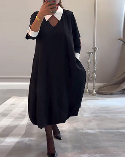 Damen Oversized Hemdkleid V-Ausschnitt Eleganter Kragen Weiss