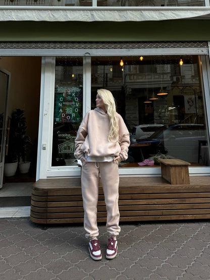 Damen Fleece-Jogginganzug Hochbündig Mit Taschen Grau Eveloria