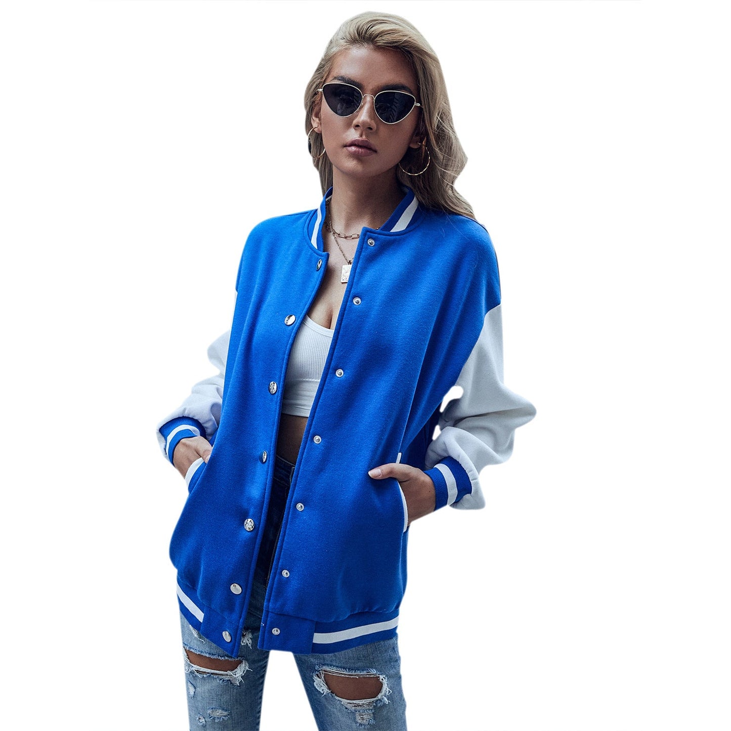 Damen Baseballjacke Kontrastärmel Druckknopfverschluss Eveloria