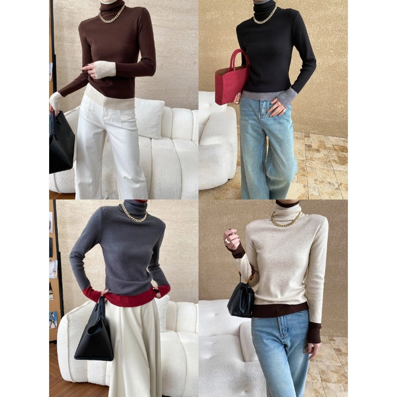 Damen Rollkragenpullover Kontrastärmel Eveloria