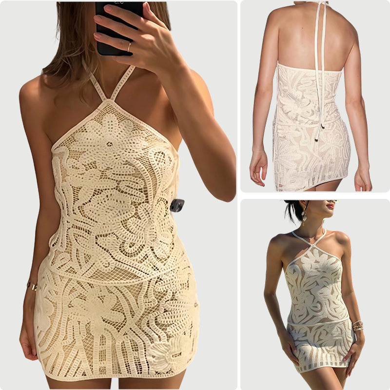 Damen Häkelkleid Blütenmuster Spitze Weiß - Eveloria