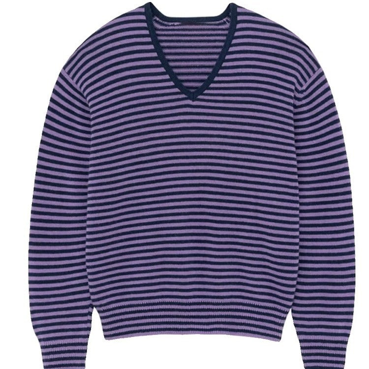 Damen Pullover V-Ausschnitt Streifen Merino Eveloria