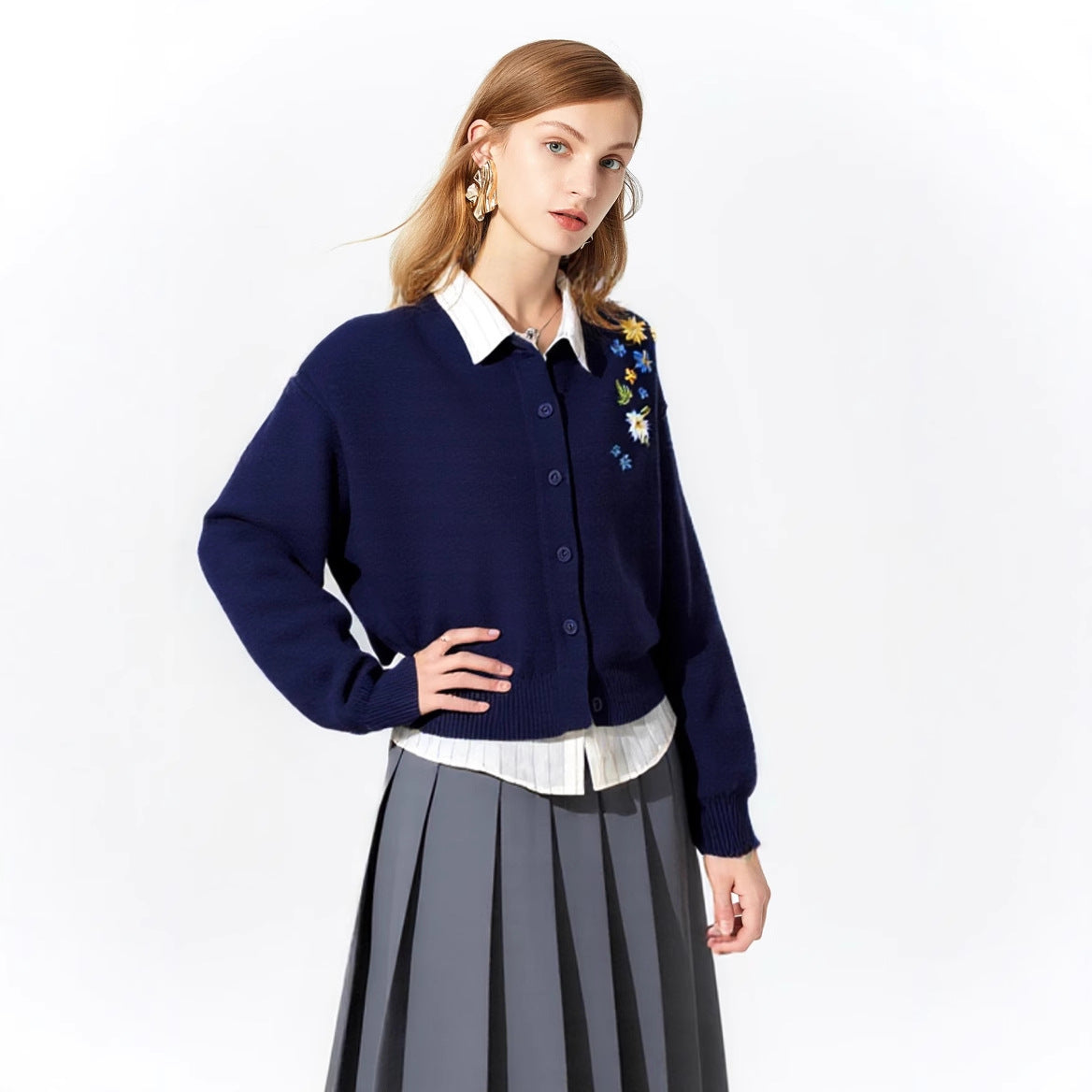 Damen Grobstrickpullover Floral Rückendetail Lockeres Design