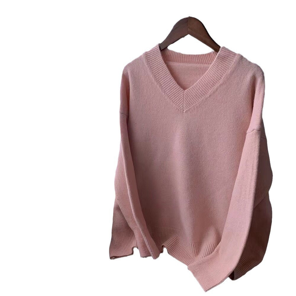 Damen Pullover Grobgestrickt V-Ausschnitt Oversized Ärmel Beige