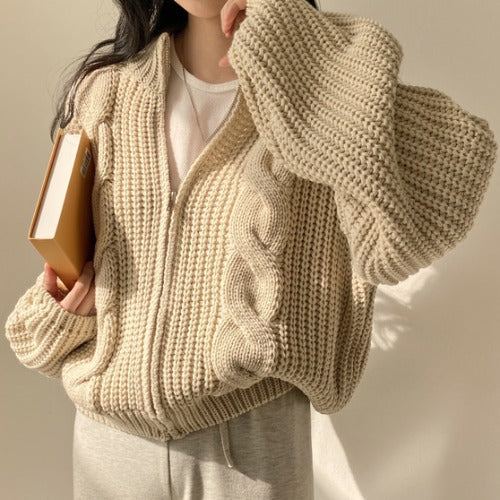 Damen Grobstrickjacke Voluminöse Ärmel Offene Front