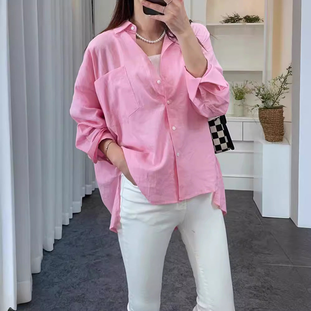 Damen Oversized Hemdbluse mit Brusttasche und subtiler Struktur - Eveloria