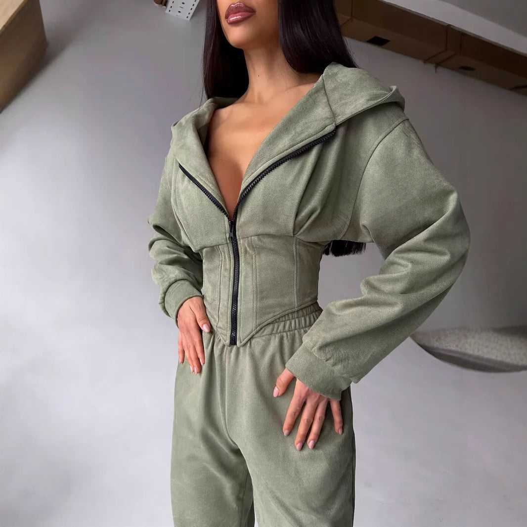 Damen Jumpsuit Tailliert Sportliche Kapuze Schwarz Eveloria - Eveloria