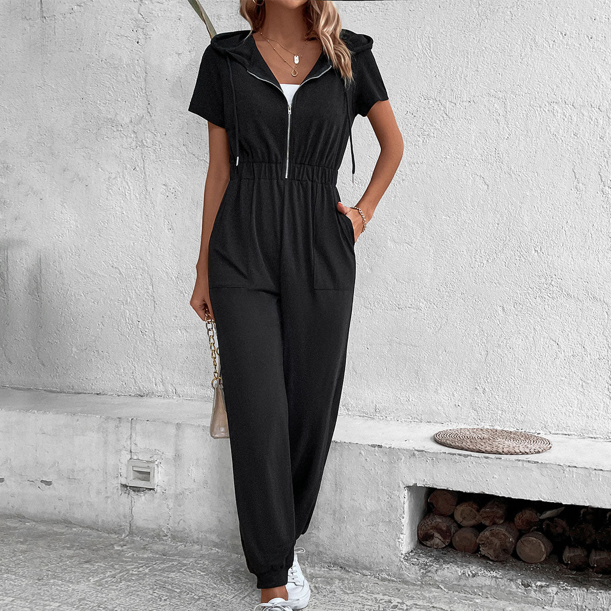 Damen Kapuzen-Jumpsuit mit Taschen Elastisch Eveloria