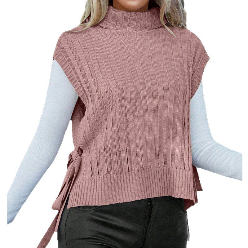 Damen Stricktop Kurzarm Rollkragen Schleifen Details Beige
