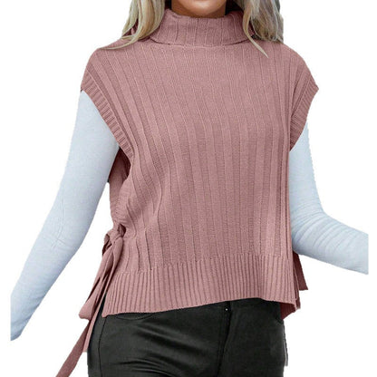 Damen Stricktop Kurzarm Rollkragen Schleifen Details Beige