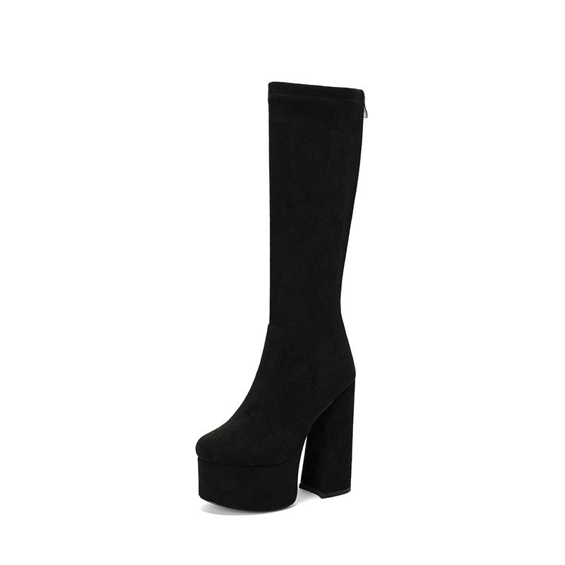 Eveloria Damen Kniehohe Stiefel Wildleder Klobiger Absatz