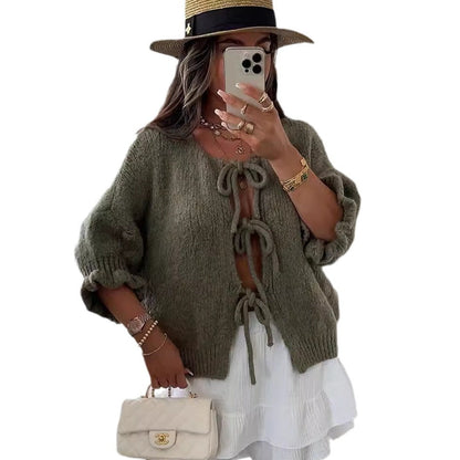 Damen Strickjacke Dekorativer Kordelzug Luftig Beige