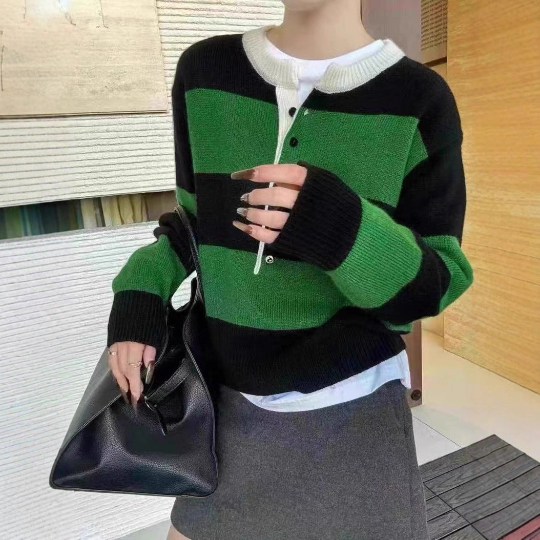 Damen Strickpullover Kurzärmlig Kontraststreifen Blau Eveloria - Eveloria