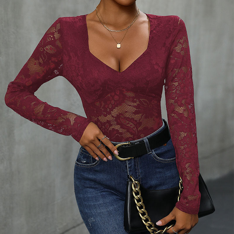 Damen Body Spitzenmuster V-Ausschnitt Eveloria