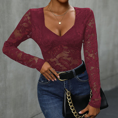 Damen Body Spitzenmuster V-Ausschnitt Eveloria