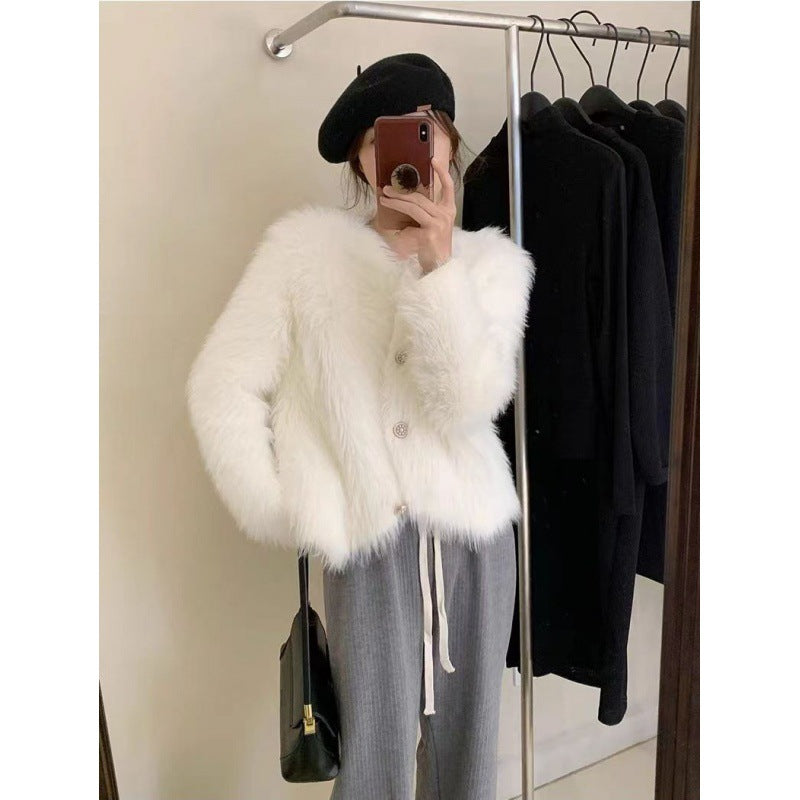 Damen Kurzjacke Flauschig Elegant Knöpfe Schwarz Eveloria - Eveloria