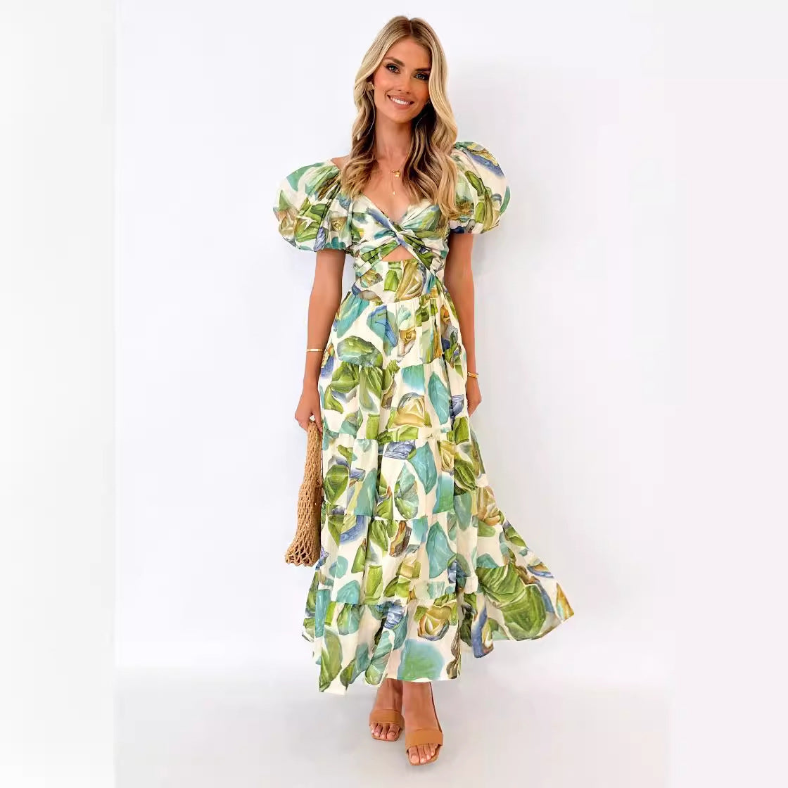 Damen Maxikleid Schulterfreies Design Puffärmel Eveloria