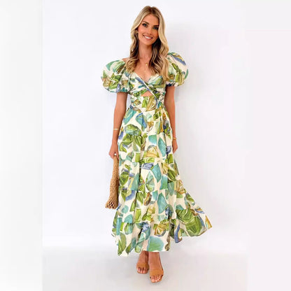 Damen Maxikleid Schulterfreies Design Puffärmel Eveloria