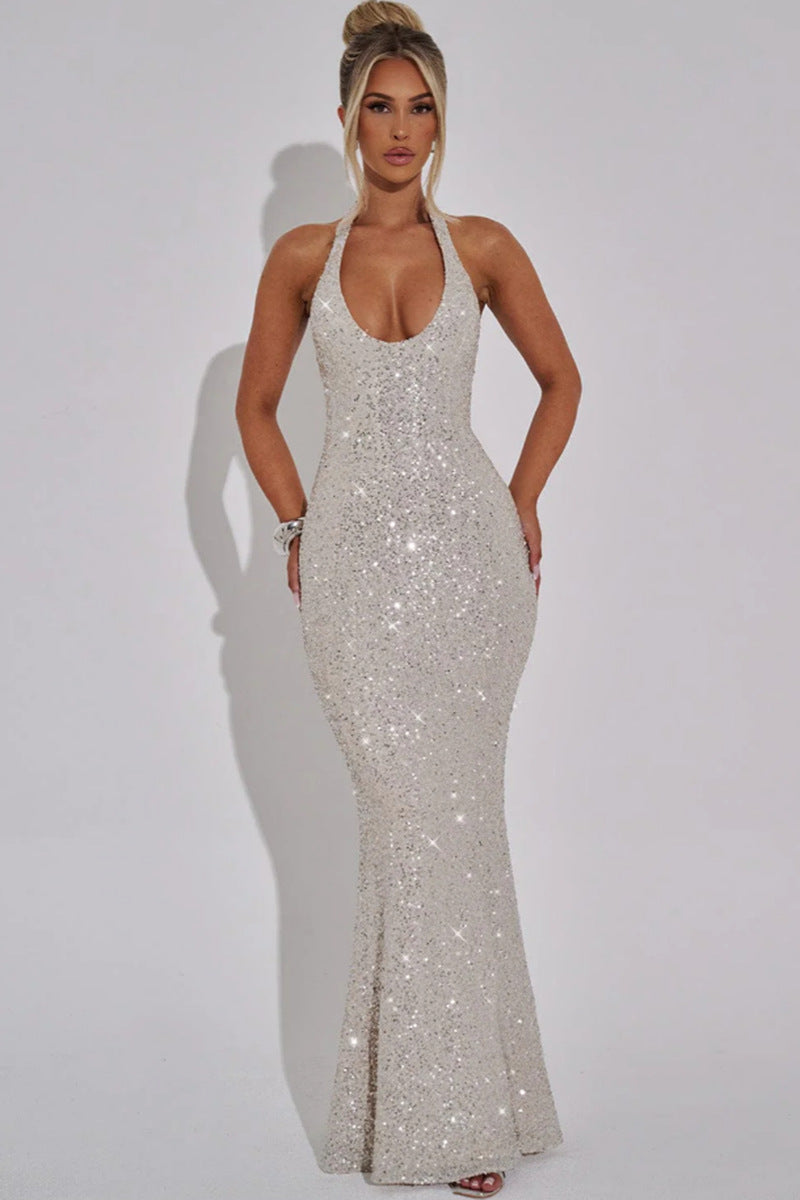 Damen Maxi-Kleid Pailletten V-Ausschnitt schmal Eveloria