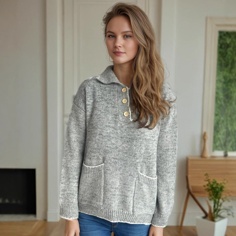 Damen Strickpullover Lässig Knöpfe Taschen Beige