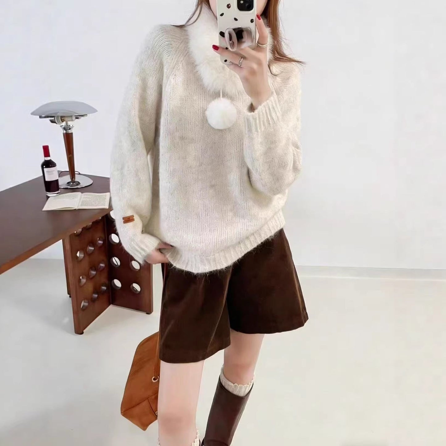 Damen Strickpullover Kuschelig Mit Abnehmbarem Kragen Beige
