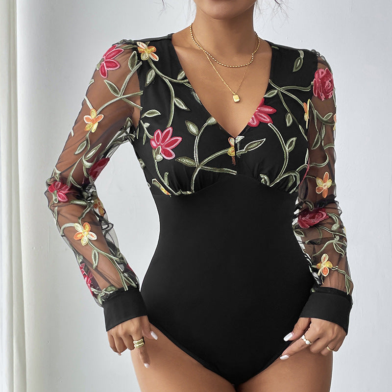 Damen Body mit Puffärmeln und V-Ausschnitt Bestickt Transparent - Eveloria