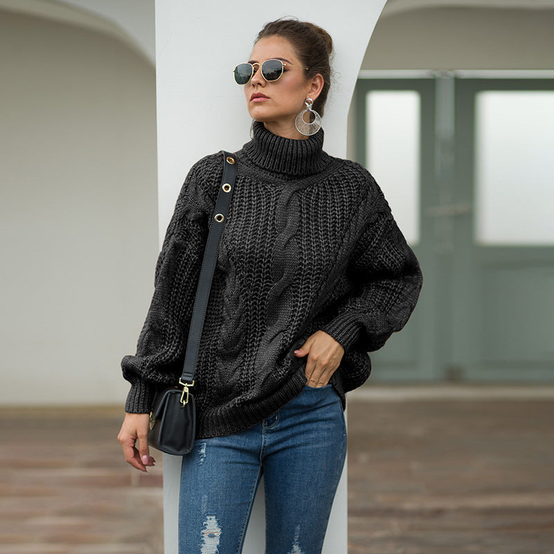Damen Grobstrickpullover Rollkragen Zopfmuster