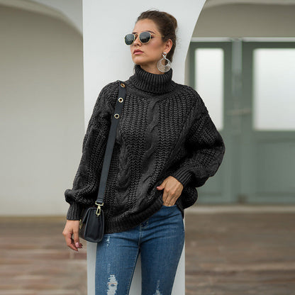 Damen Grobstrickpullover Rollkragen Zopfmuster