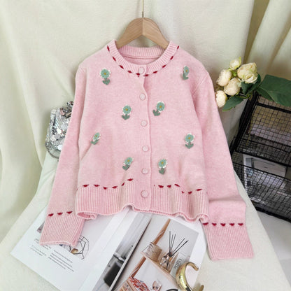 Damen Strickjacke Florales Muster Knopfverschluss