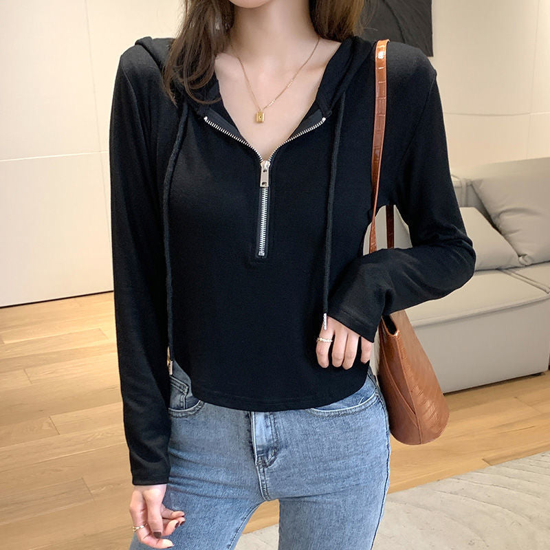 Damen Hoodie Kurzreißverschluss Sportlich Grau Eveloria
