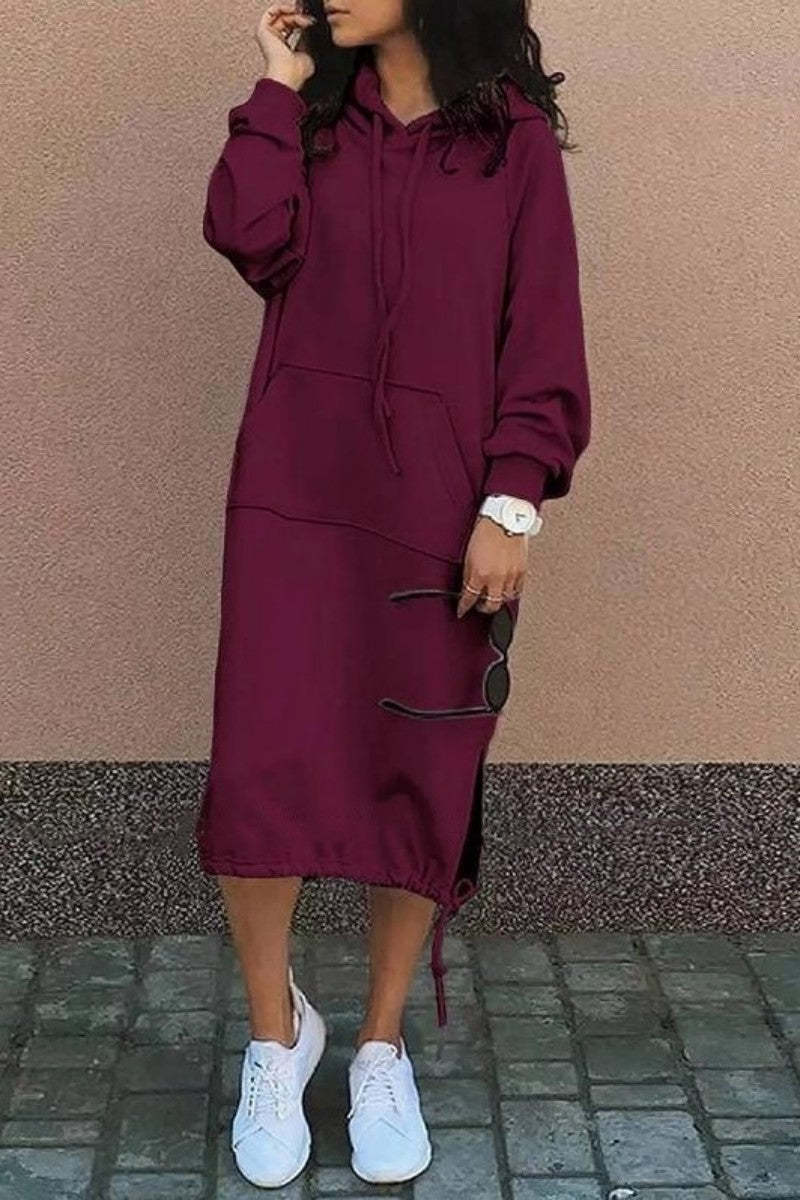 Damen Hoodie-Kleid Baumwolle Eingrifftaschen Regulierbar