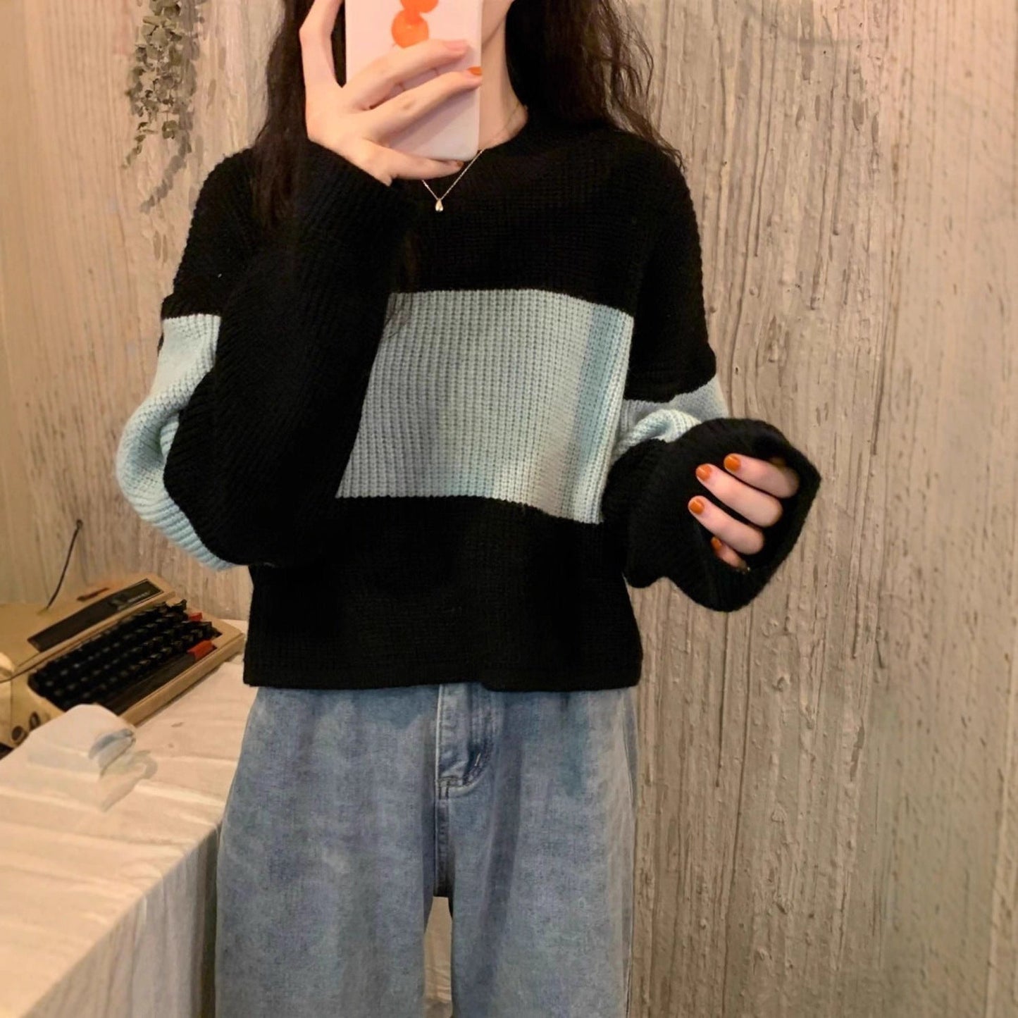 Damen Grobstrickpullover Modernes Farbblockdesign