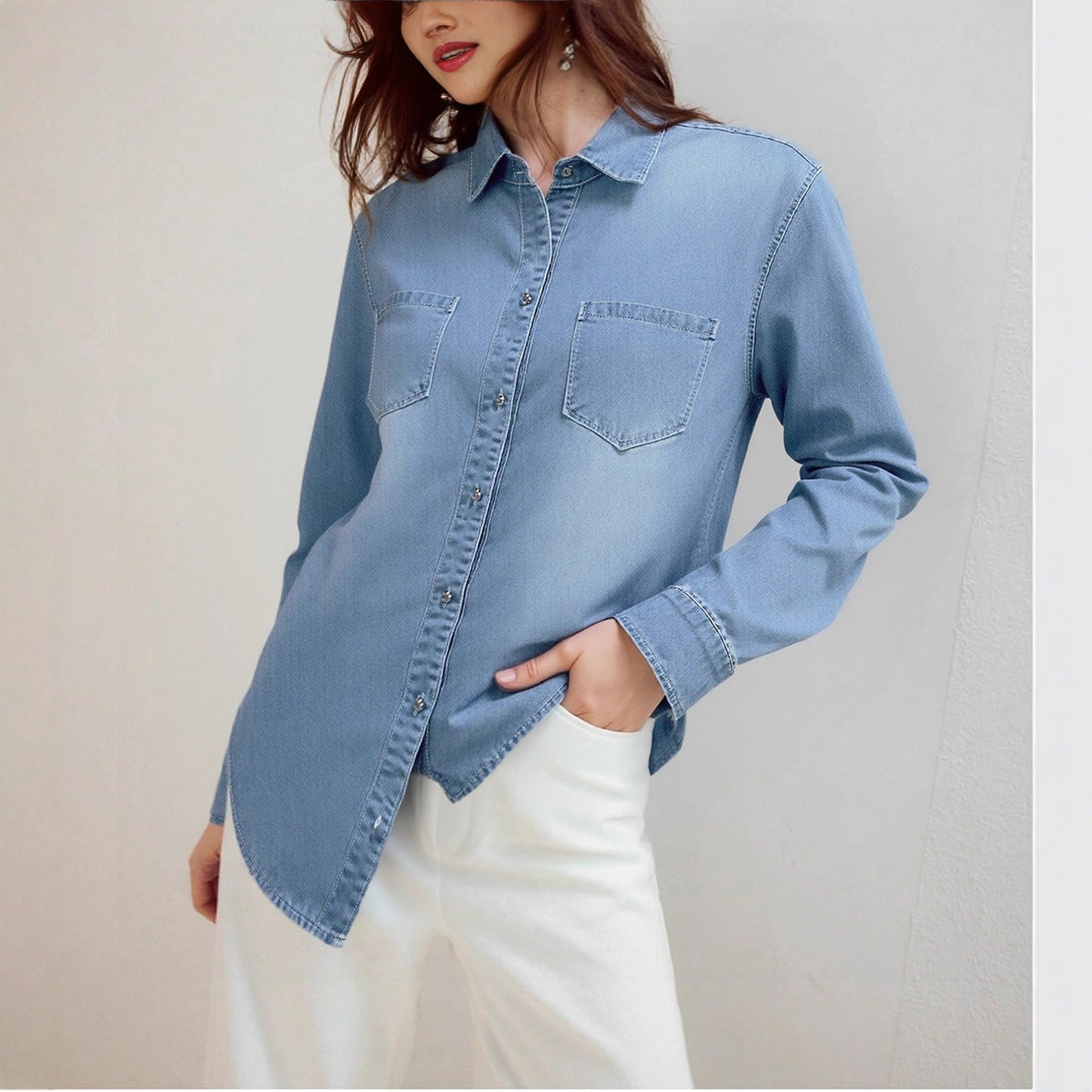Damen Denim Hemd mit Brusttaschen und Knopfleiste Blau Eveloria