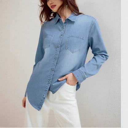 Damen Denim Hemd mit Brusttaschen und Knopfleiste Blau Eveloria