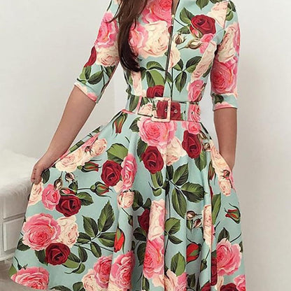 Damen Midikleid Floralmuster Taillengürtel Eveloria