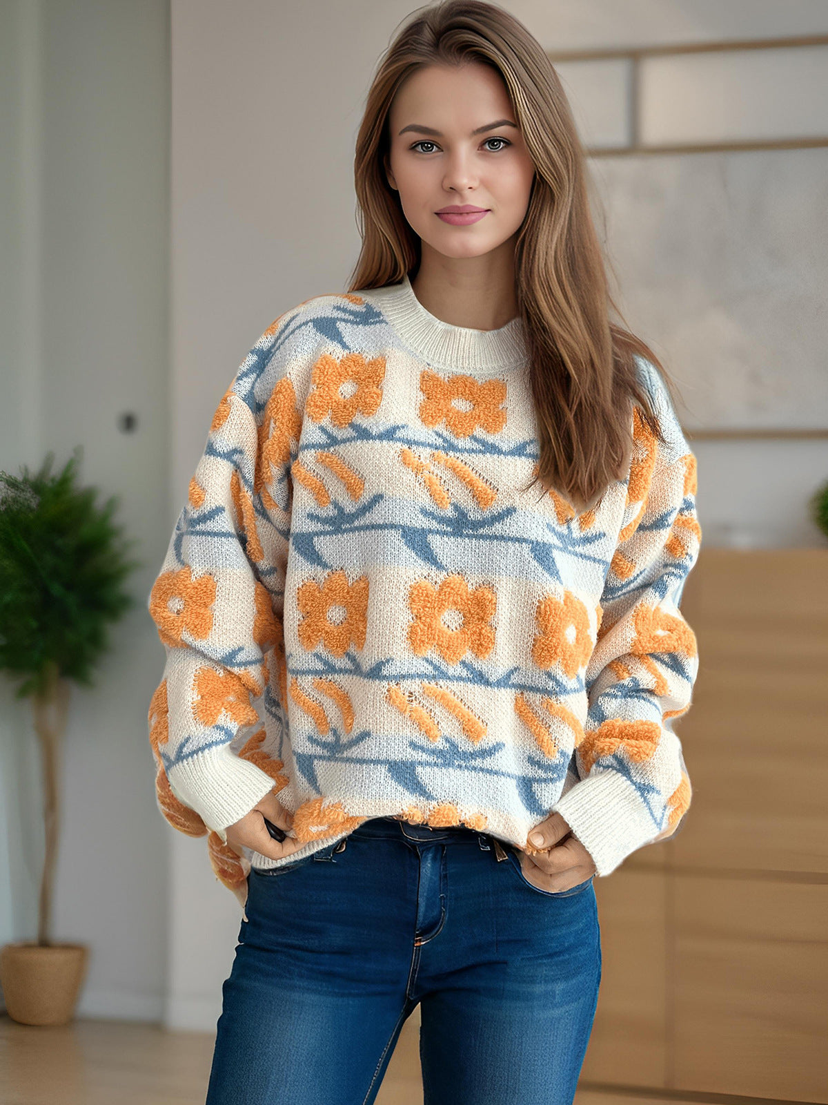 Damen Strickpullover Kuscheliger Floralmuster 3D-Applikationen