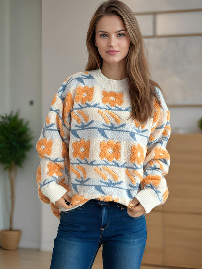 Damen Strickpullover Kuscheliger Floralmuster 3D-Applikationen