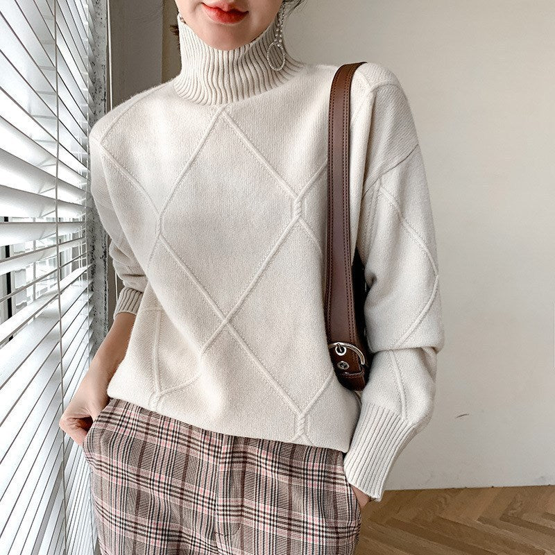 Damen Pullover Hochgeschlossener Kragen Strukturiertes Rautenmuster - Eveloria