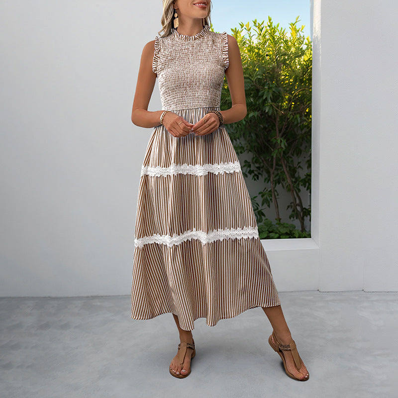 Damen Maxikleid Gestreift Voluminöse Rüschen Weiss