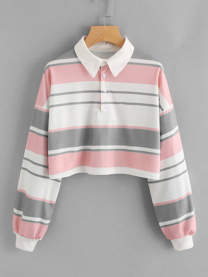 Damen Polo-Shirt Crop-Design Farbblockmuster Eveloria